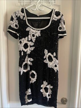 French Connection Black & White Sequin Floral Mini Dress